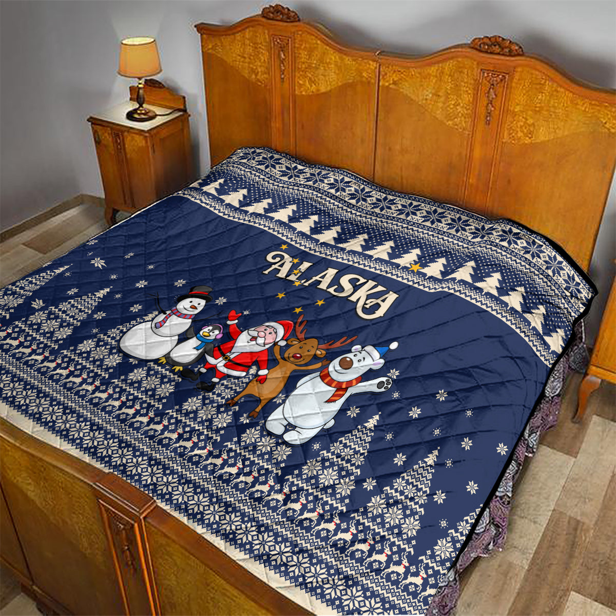 Custom Alaska Christmas Quilt Santa Claus With Snowman Reindeer Penguin - Wonder Print Shop