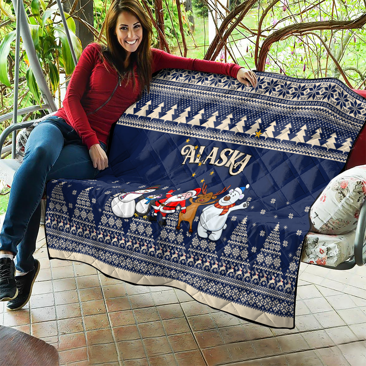 Custom Alaska Christmas Quilt Santa Claus With Snowman Reindeer Penguin - Wonder Print Shop