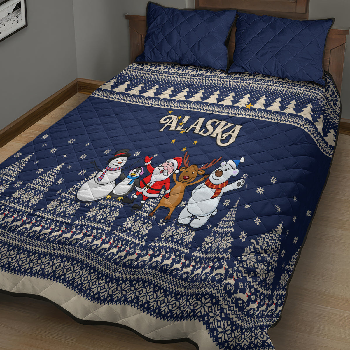 Custom Alaska Christmas Quilt Bed Set Santa Claus With Snowman Reindeer Penguin - Wonder Print Shop