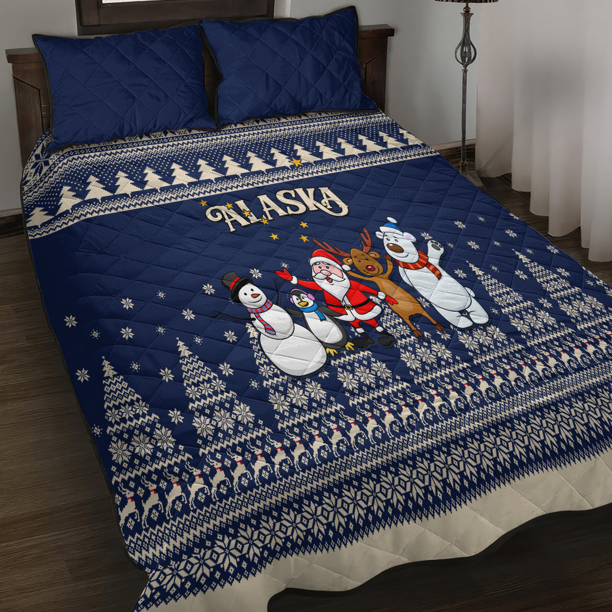 Custom Alaska Christmas Quilt Bed Set Santa Claus With Snowman Reindeer Penguin - Wonder Print Shop