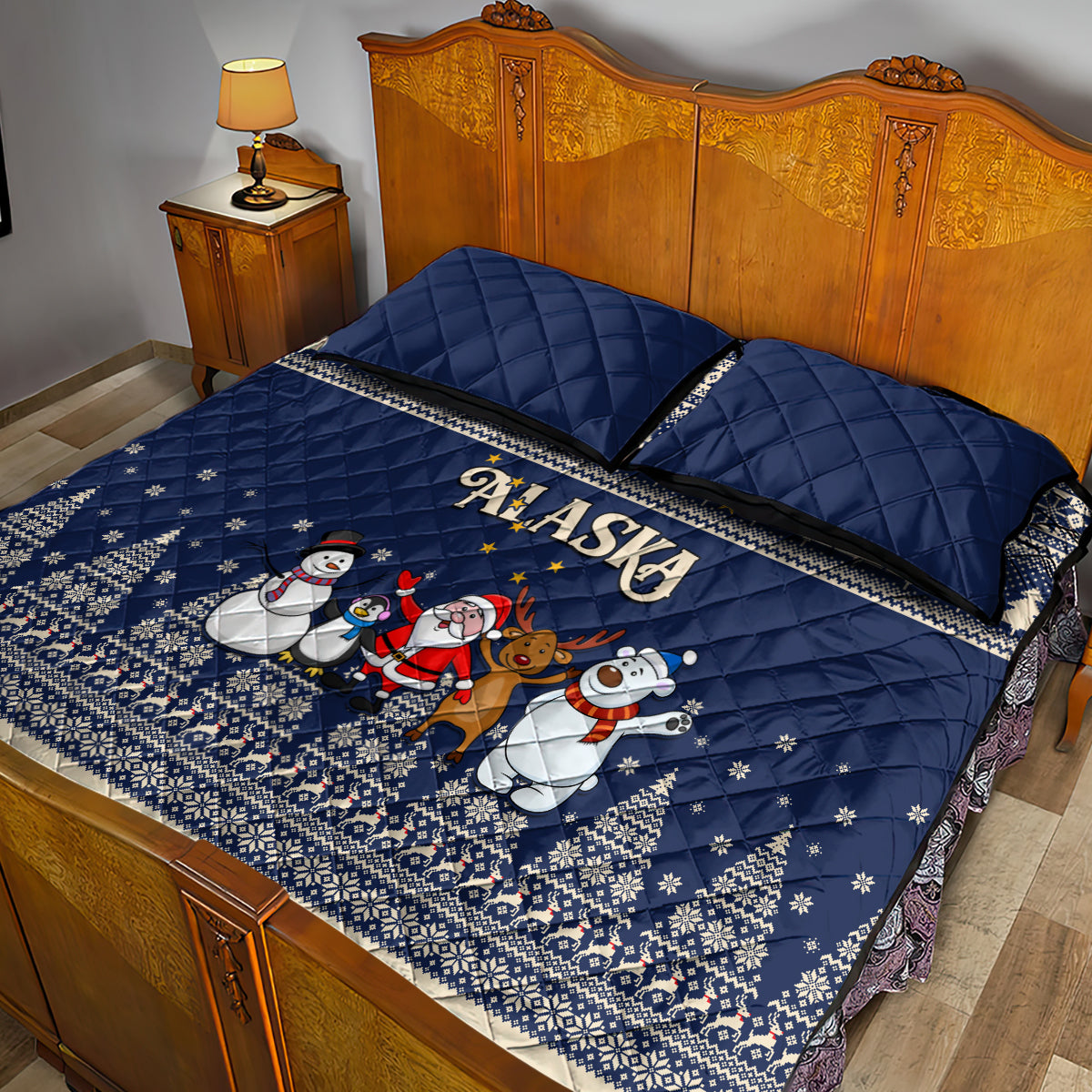 Custom Alaska Christmas Quilt Bed Set Santa Claus With Snowman Reindeer Penguin - Wonder Print Shop