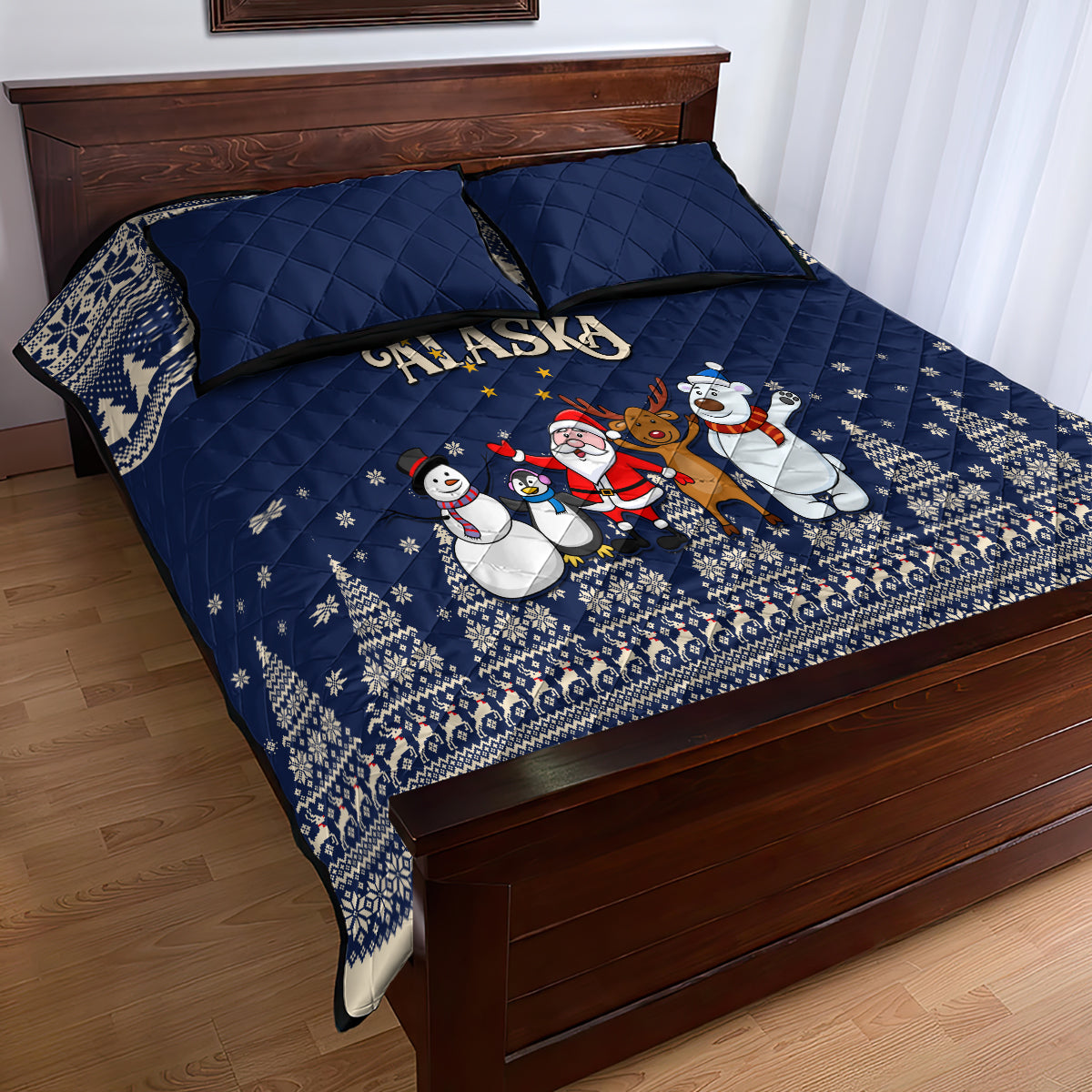 Custom Alaska Christmas Quilt Bed Set Santa Claus With Snowman Reindeer Penguin - Wonder Print Shop