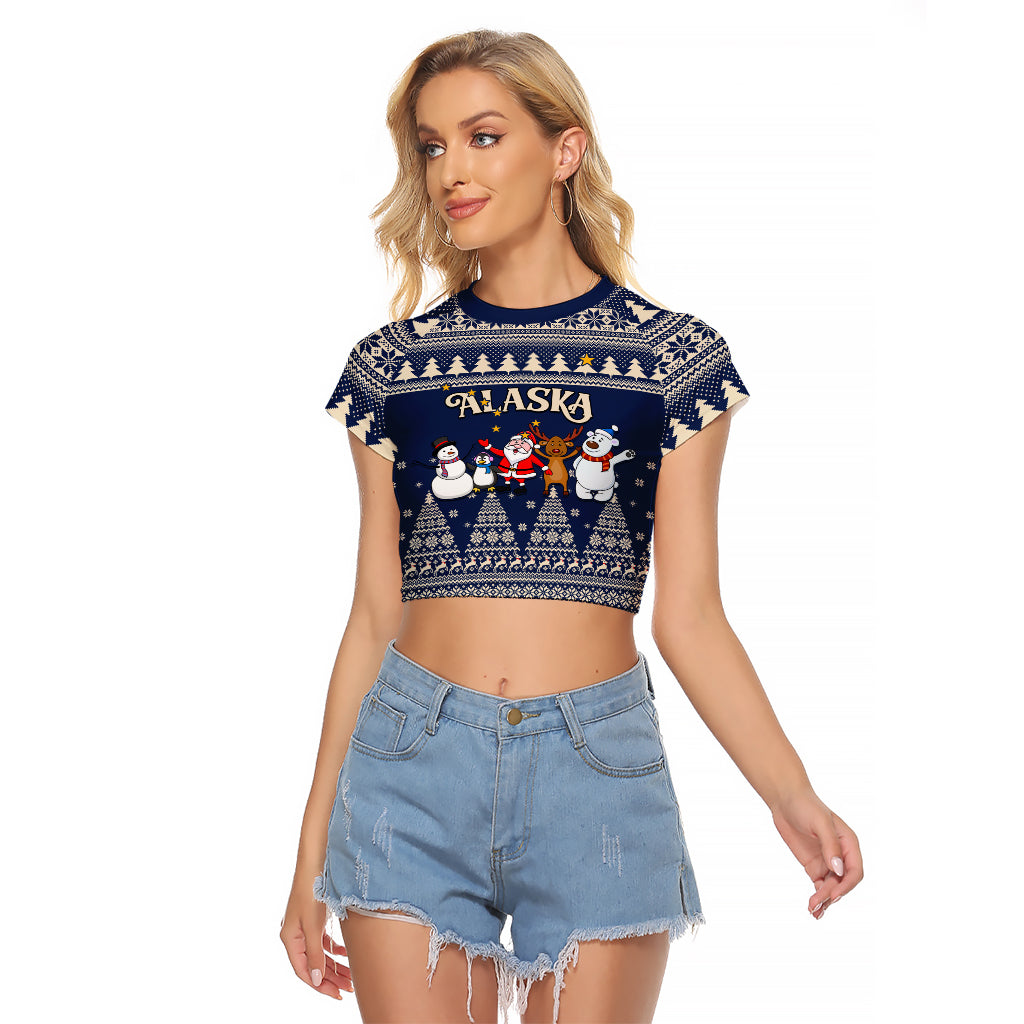 Custom Alaska Christmas Raglan Cropped T Shirt Santa Claus With Snowman Reindeer Penguin - Wonder Print Shop