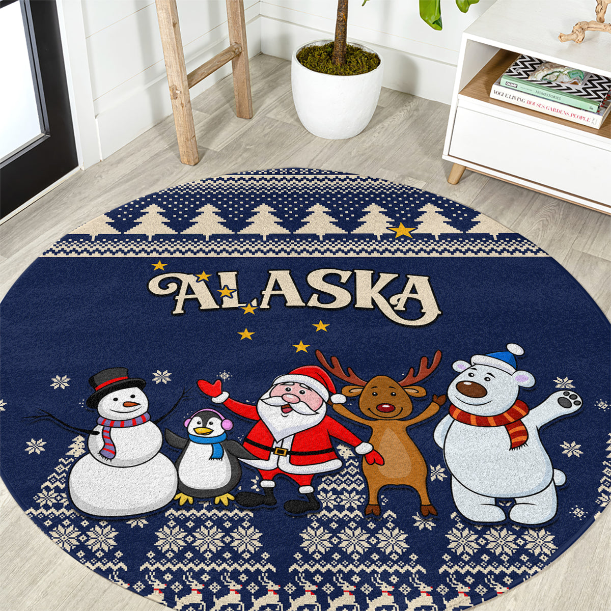 custom-alaska-christmas-round-carpet-santa-claus-with-snowman-reindeer-penguin