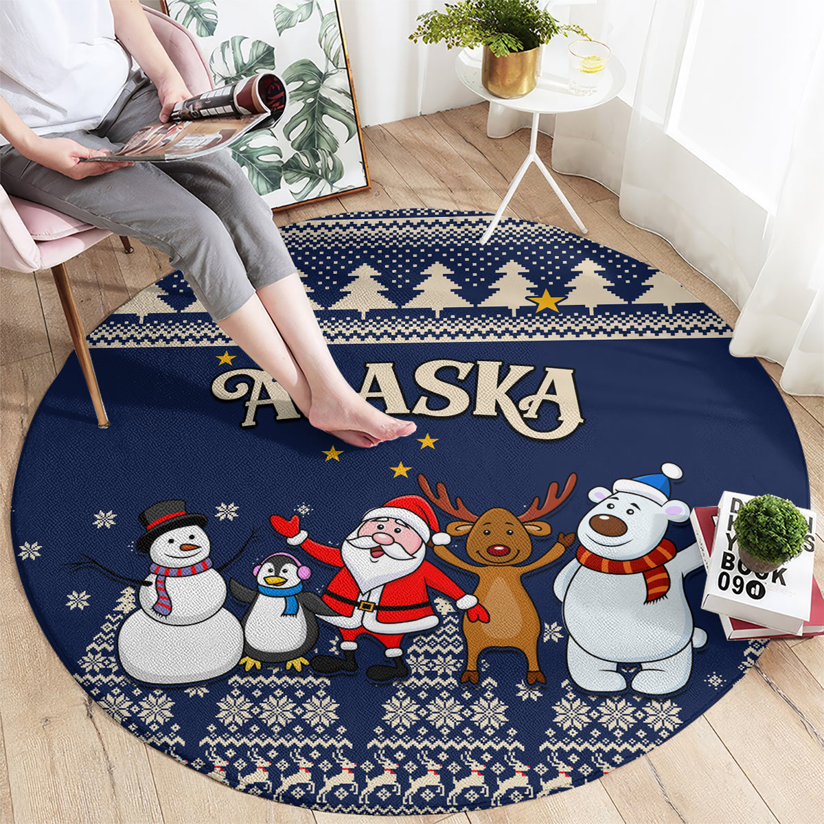 custom-alaska-christmas-round-carpet-santa-claus-with-snowman-reindeer-penguin