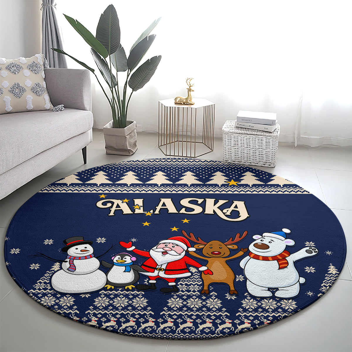 custom-alaska-christmas-round-carpet-santa-claus-with-snowman-reindeer-penguin