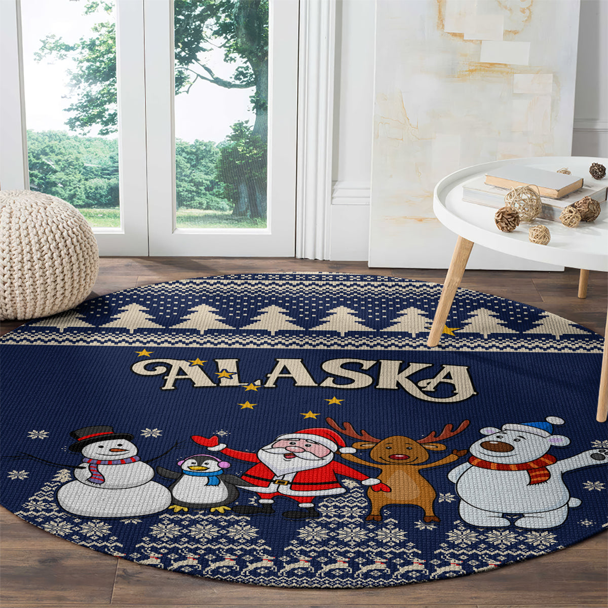 custom-alaska-christmas-round-carpet-santa-claus-with-snowman-reindeer-penguin