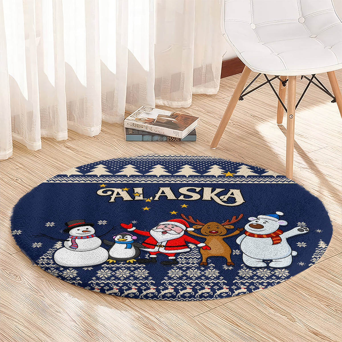 custom-alaska-christmas-round-carpet-santa-claus-with-snowman-reindeer-penguin