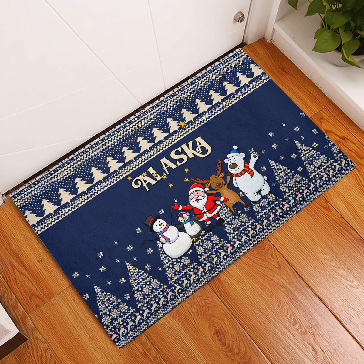 Custom Alaska Christmas Rubber Doormat Santa Claus With Snowman Reindeer Penguin - Wonder Print Shop