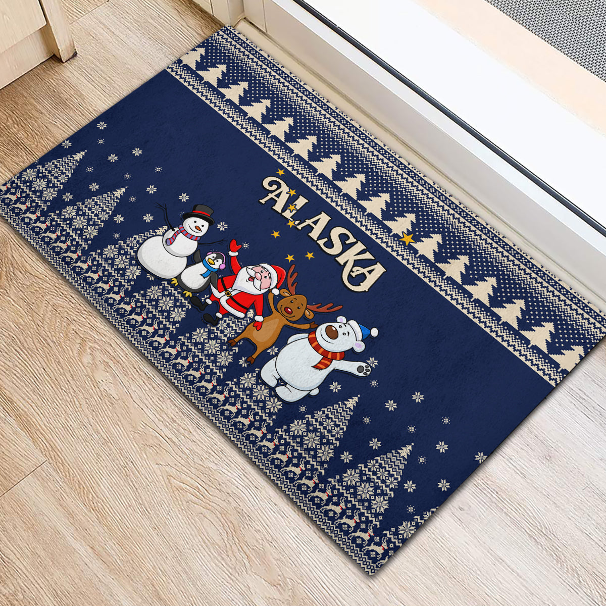 Custom Alaska Christmas Rubber Doormat Santa Claus With Snowman Reindeer Penguin - Wonder Print Shop