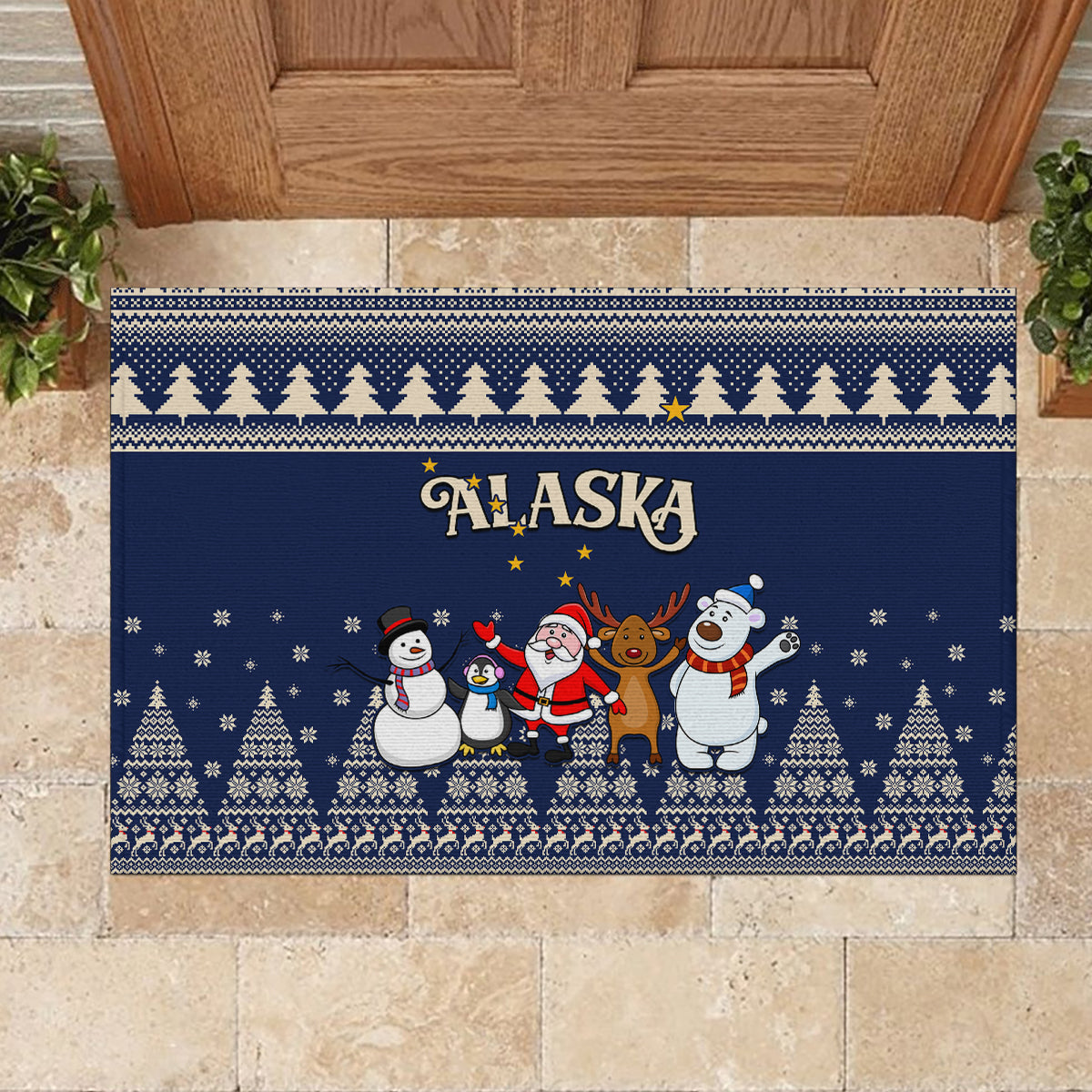 Custom Alaska Christmas Rubber Doormat Santa Claus With Snowman Reindeer Penguin - Wonder Print Shop