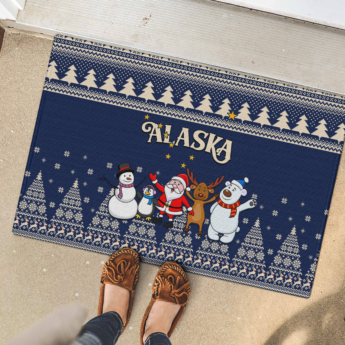 Custom Alaska Christmas Rubber Doormat Santa Claus With Snowman Reindeer Penguin - Wonder Print Shop