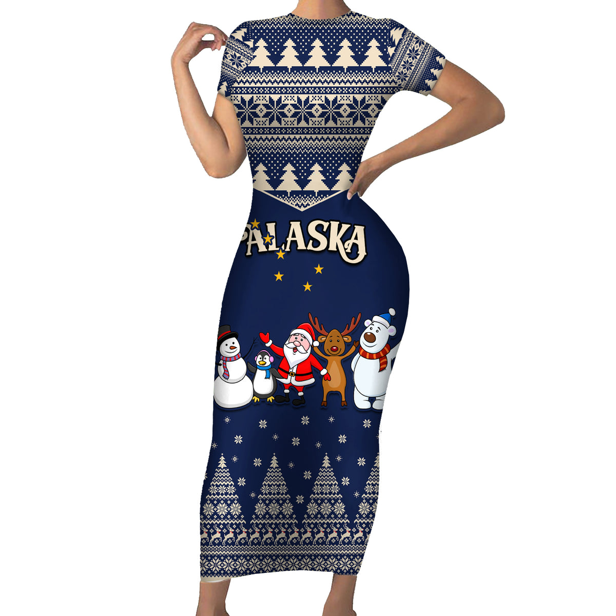 Custom Alaska Christmas Short Sleeve Bodycon Dress Santa Claus With Snowman Reindeer Penguin - Wonder Print Shop