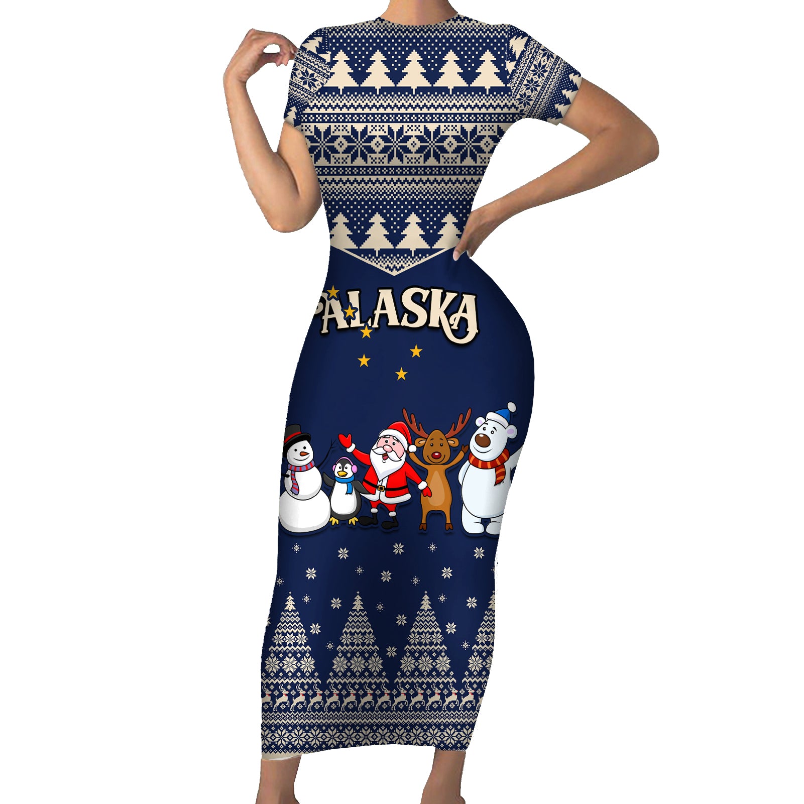 Custom Alaska Christmas Short Sleeve Bodycon Dress Santa Claus With Snowman Reindeer Penguin - Wonder Print Shop