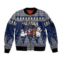 Custom Alaska Christmas Sleeve Zip Bomber Jacket Santa Claus With Snowman Reindeer Penguin - Wonder Print Shop