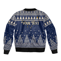 Custom Alaska Christmas Sleeve Zip Bomber Jacket Santa Claus With Snowman Reindeer Penguin - Wonder Print Shop