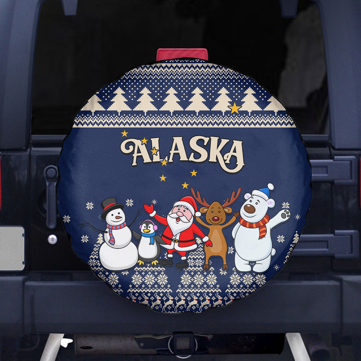 Custom Alaska Christmas Spare Tire Cover Santa Claus With Snowman Reindeer Penguin - Wonder Print Shop
