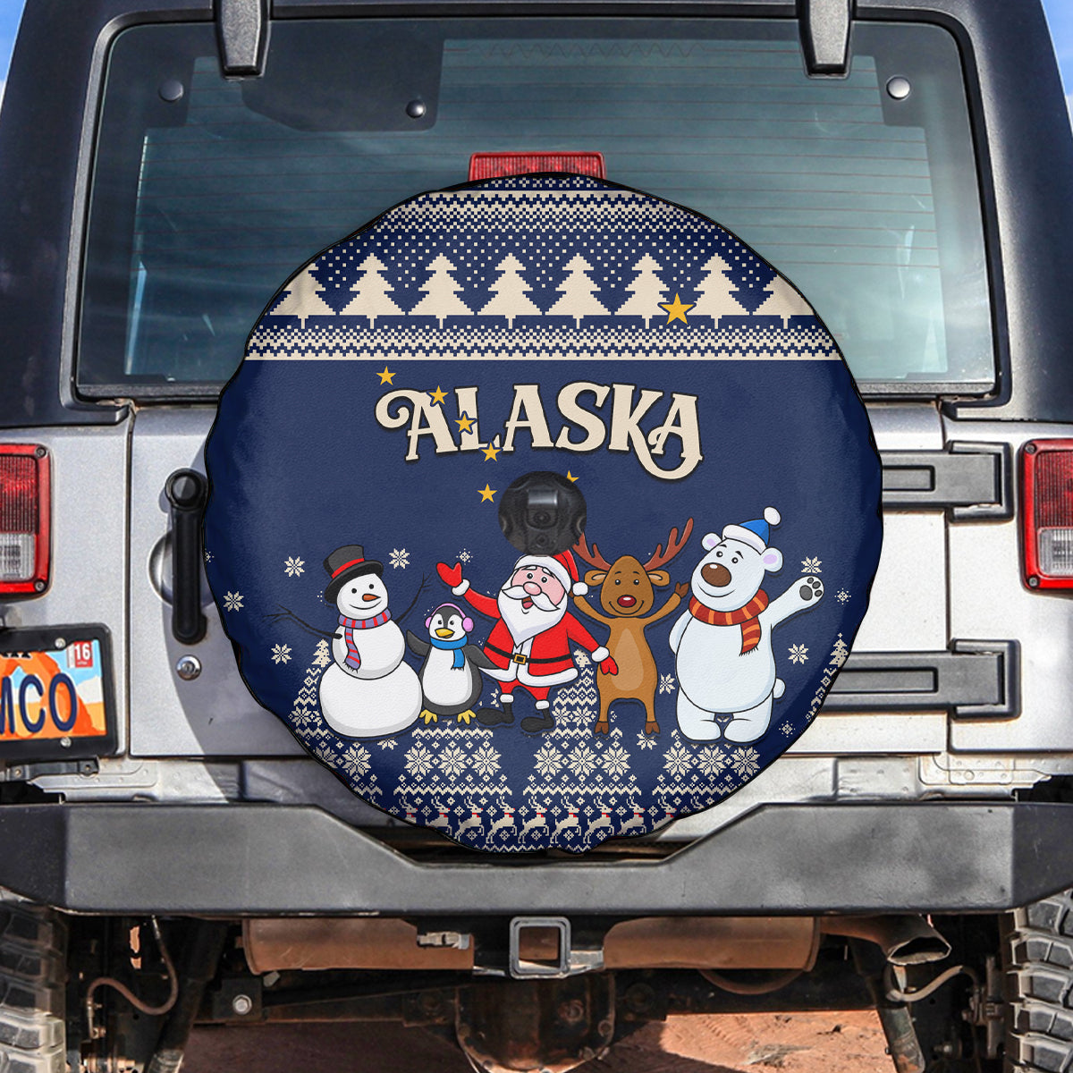 Custom Alaska Christmas Spare Tire Cover Santa Claus With Snowman Reindeer Penguin - Wonder Print Shop
