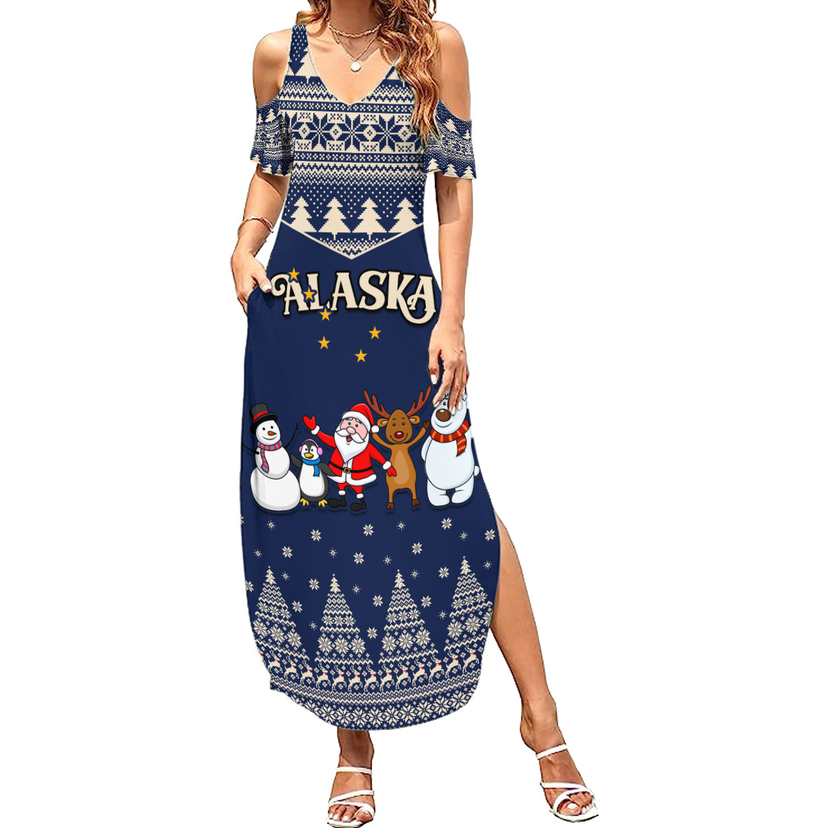 Custom Alaska Christmas Summer Maxi Dress Santa Claus With Snowman Reindeer Penguin - Wonder Print Shop