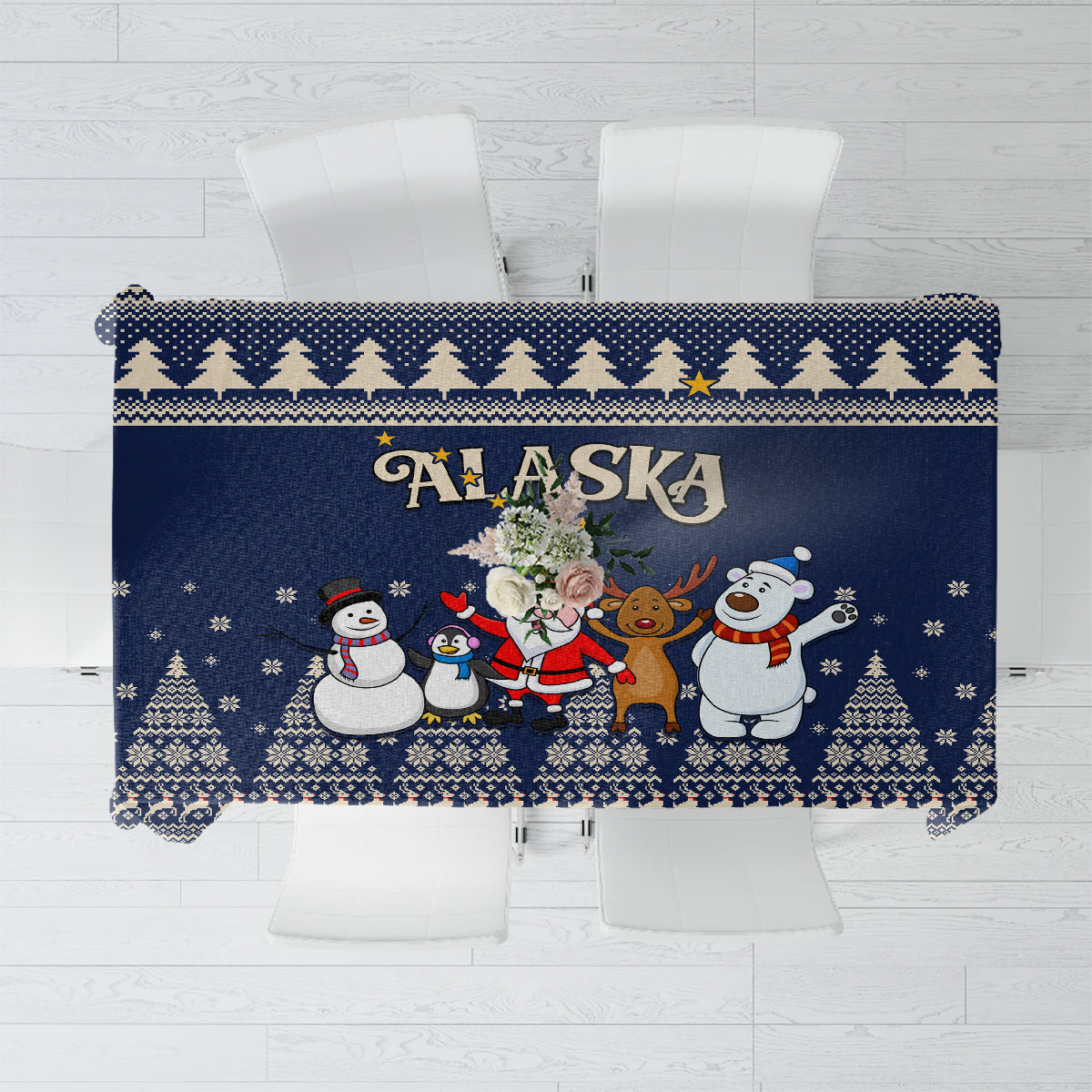 Custom Alaska Christmas Tablecloth Santa Claus With Snowman Reindeer Penguin - Wonder Print Shop