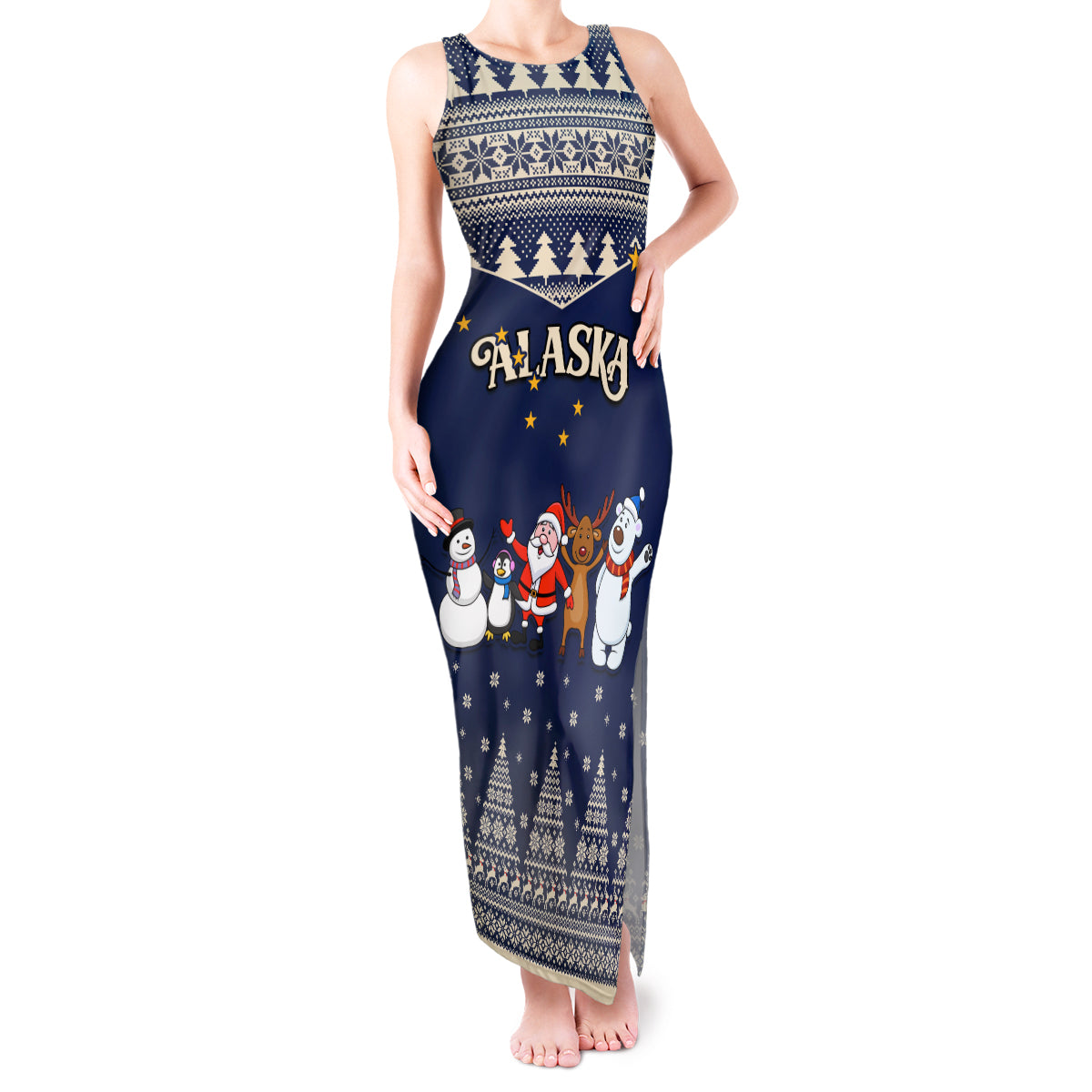 Custom Alaska Christmas Tank Maxi Dress Santa Claus With Snowman Reindeer Penguin - Wonder Print Shop