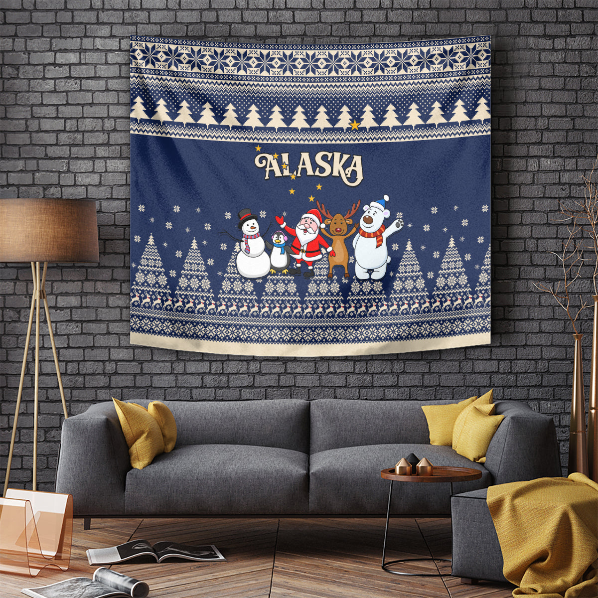 Custom Alaska Christmas Tapestry Santa Claus With Snowman Reindeer Penguin - Wonder Print Shop