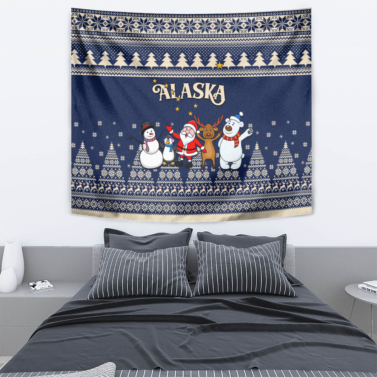 Custom Alaska Christmas Tapestry Santa Claus With Snowman Reindeer Penguin - Wonder Print Shop