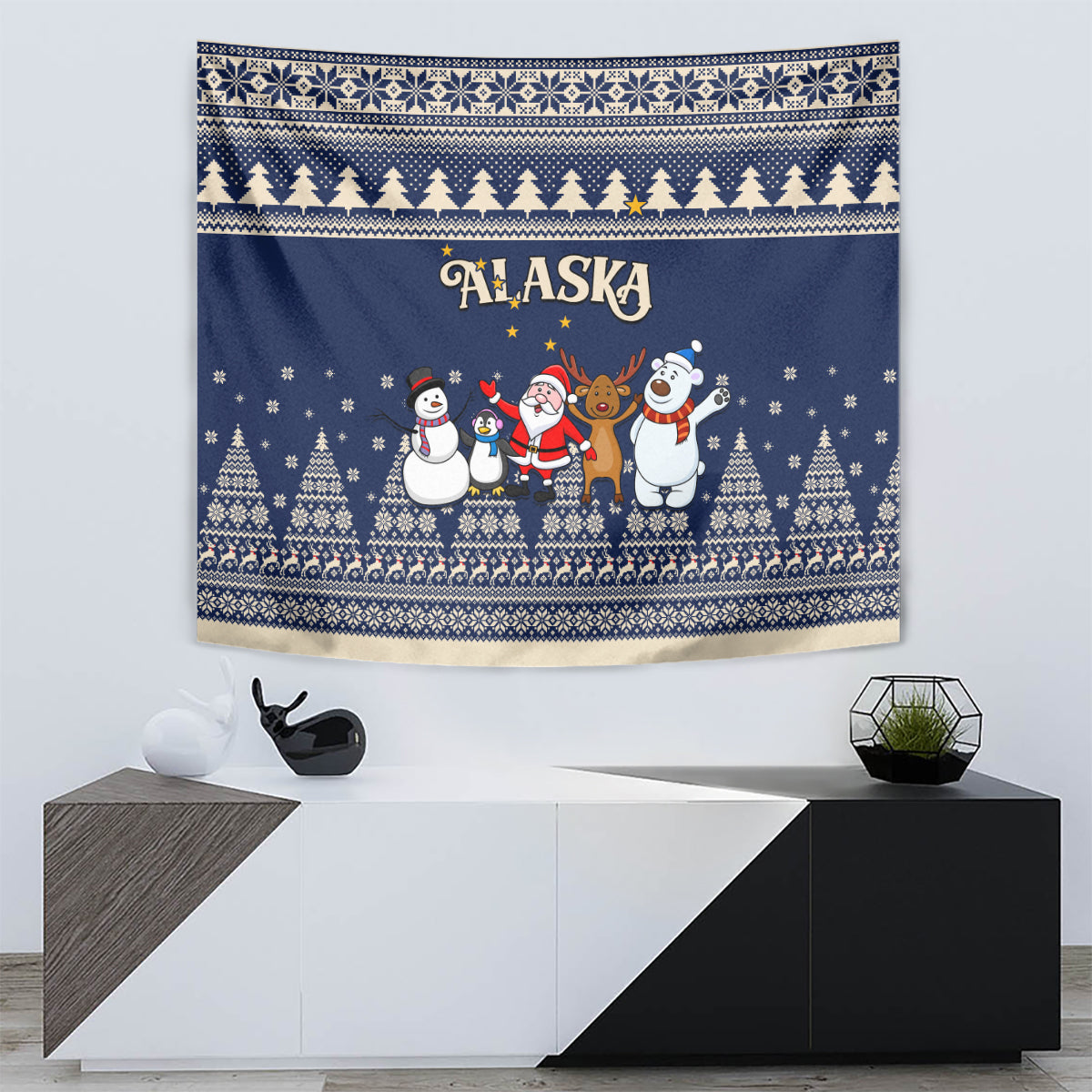 Custom Alaska Christmas Tapestry Santa Claus With Snowman Reindeer Penguin - Wonder Print Shop
