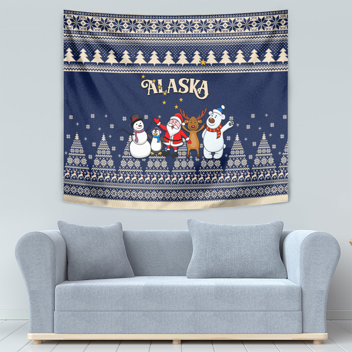 Custom Alaska Christmas Tapestry Santa Claus With Snowman Reindeer Penguin - Wonder Print Shop