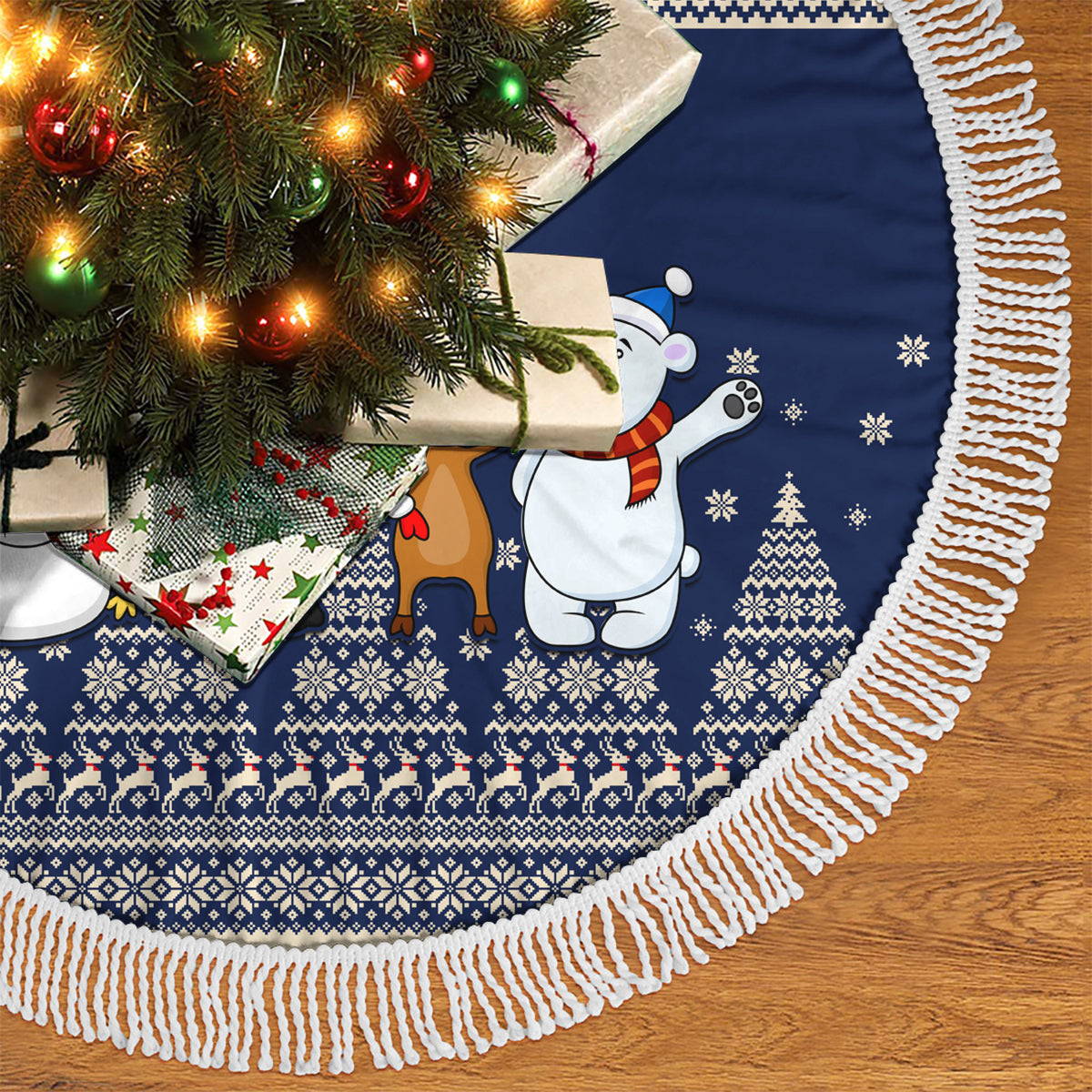 Alaska Christmas Tree Skirt Santa Claus With Snowman Reindeer Penguin - Wonder Print Shop