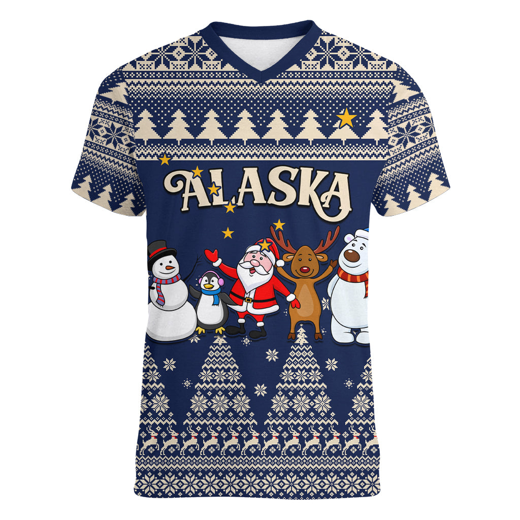 Custom Alaska Christmas Women V Neck T Shirt Santa Claus With Snowman Reindeer Penguin - Wonder Print Shop
