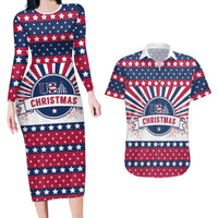 USA Christmas Couples Matching Long Sleeve Bodycon Dress and Hawaiian Shirt The Stars and Stripes Xmas Style - Wonder Print Shop