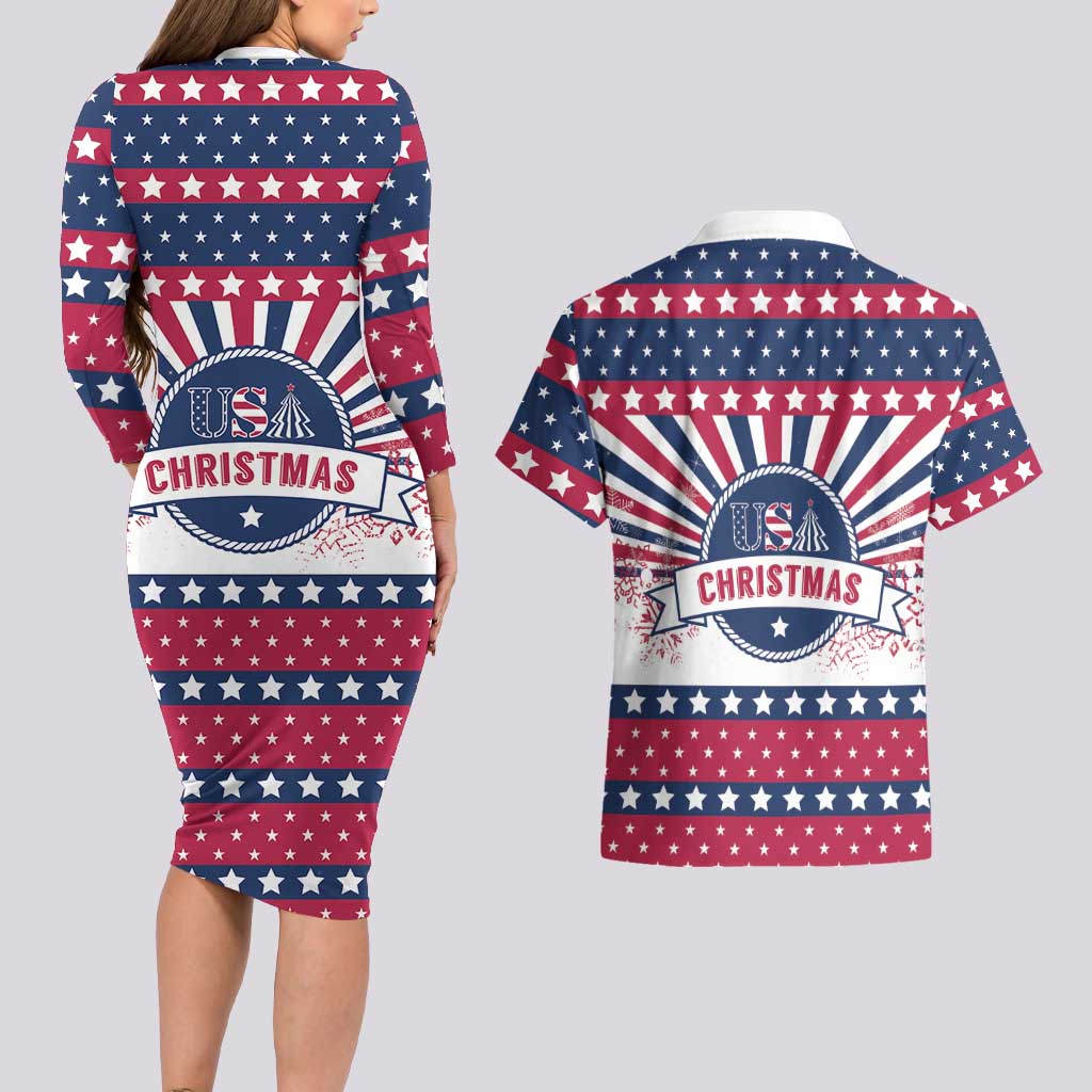 USA Christmas Couples Matching Long Sleeve Bodycon Dress and Hawaiian Shirt The Stars and Stripes Xmas Style - Wonder Print Shop