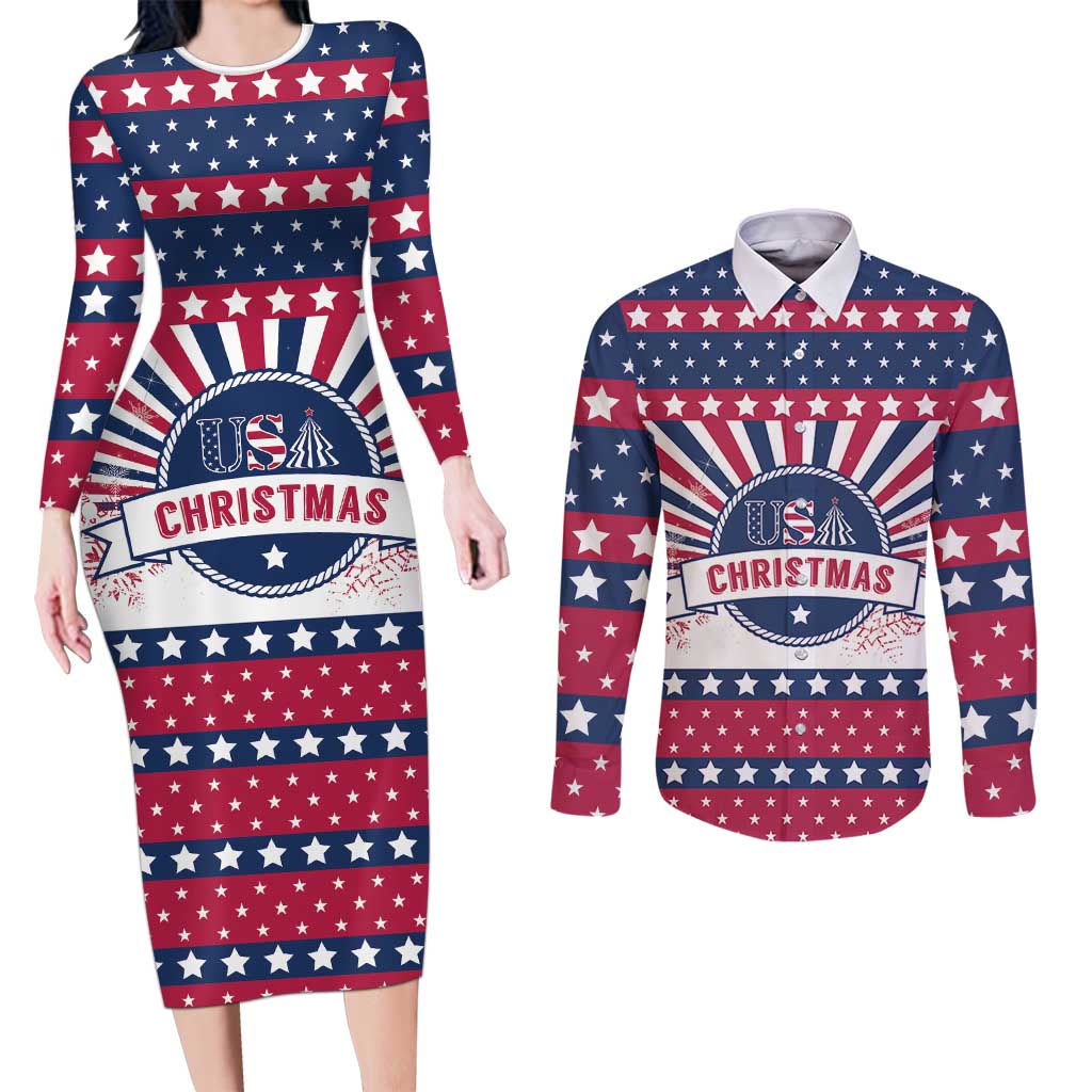 USA Christmas Couples Matching Long Sleeve Bodycon Dress and Long Sleeve Button Shirt The Stars and Stripes Xmas Style - Wonder Print Shop