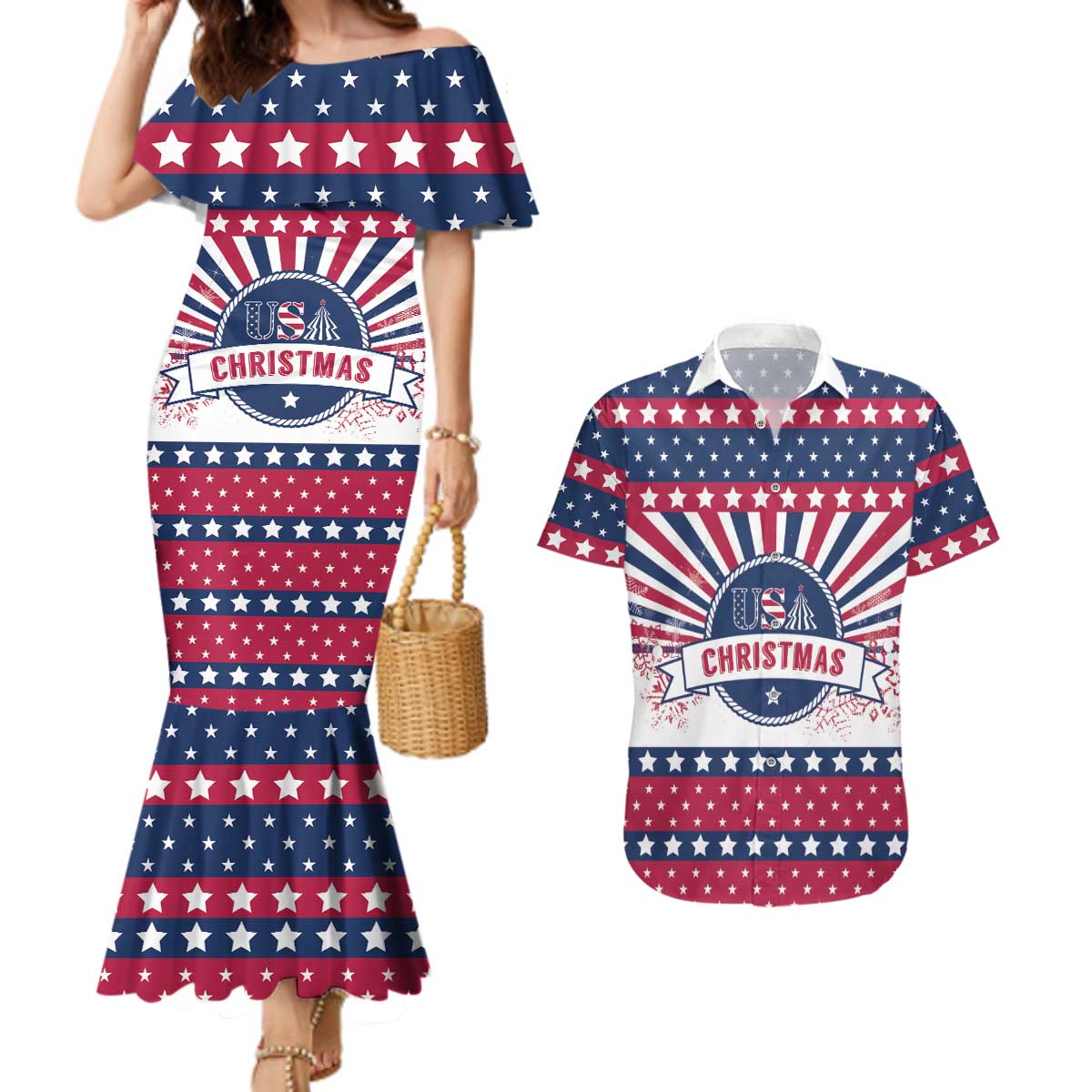 USA Christmas Couples Matching Mermaid Dress and Hawaiian Shirt The Stars and Stripes Xmas Style - Wonder Print Shop