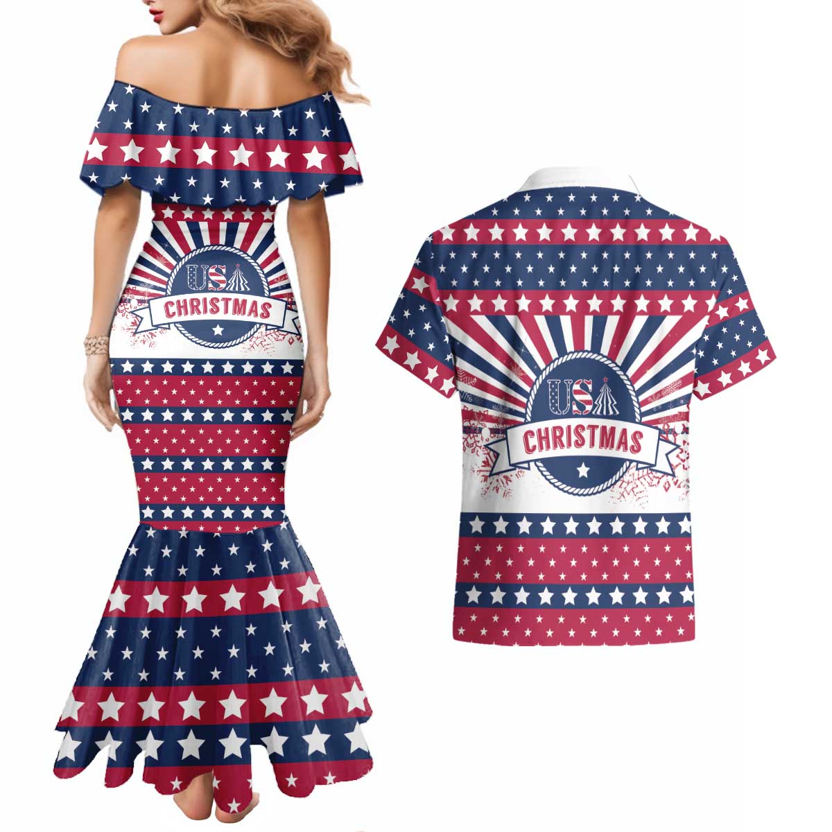 USA Christmas Couples Matching Mermaid Dress and Hawaiian Shirt The Stars and Stripes Xmas Style - Wonder Print Shop