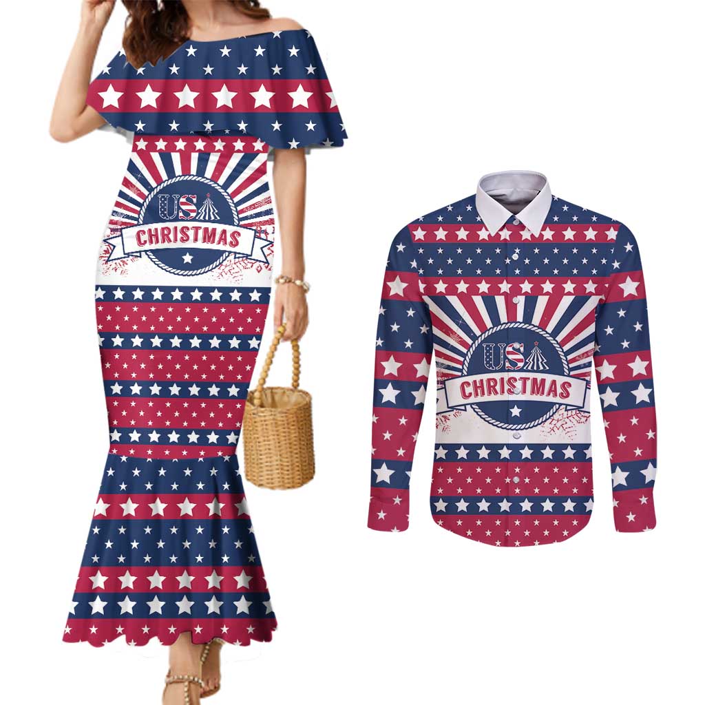 USA Christmas Couples Matching Mermaid Dress and Long Sleeve Button Shirt The Stars and Stripes Xmas Style