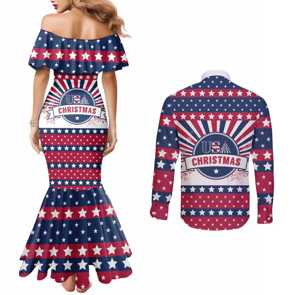 USA Christmas Couples Matching Mermaid Dress and Long Sleeve Button Shirt The Stars and Stripes Xmas Style