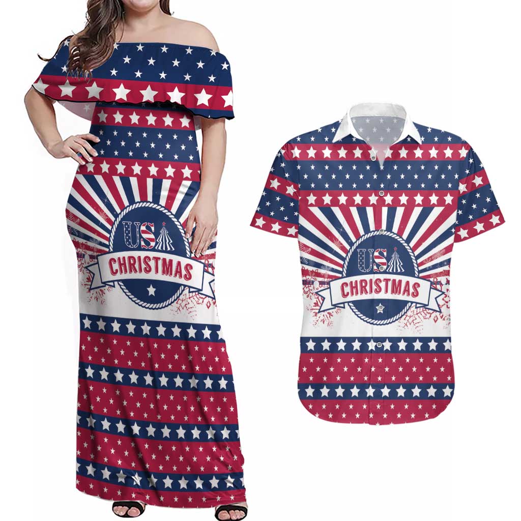 USA Christmas Couples Matching Off Shoulder Maxi Dress and Hawaiian Shirt The Stars and Stripes Xmas Style - Wonder Print Shop