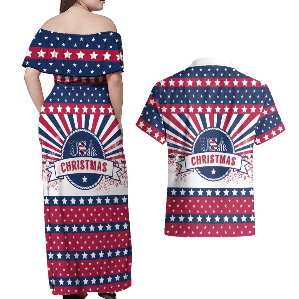 USA Christmas Couples Matching Off Shoulder Maxi Dress and Hawaiian Shirt The Stars and Stripes Xmas Style - Wonder Print Shop