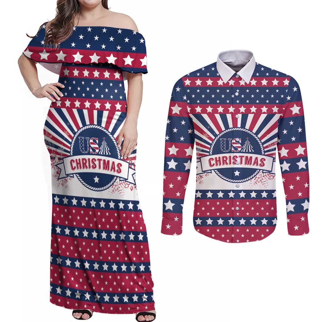 USA Christmas Couples Matching Off Shoulder Maxi Dress and Long Sleeve Button Shirt The Stars and Stripes Xmas Style - Wonder Print Shop