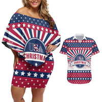 USA Christmas Couples Matching Off Shoulder Short Dress and Hawaiian Shirt The Stars and Stripes Xmas Style - Wonder Print Shop