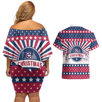 USA Christmas Couples Matching Off Shoulder Short Dress and Hawaiian Shirt The Stars and Stripes Xmas Style - Wonder Print Shop