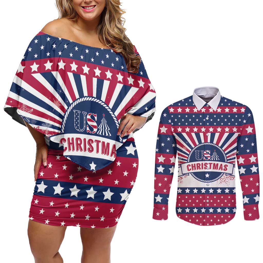 USA Christmas Couples Matching Off Shoulder Short Dress and Long Sleeve Button Shirt The Stars and Stripes Xmas Style - Wonder Print Shop