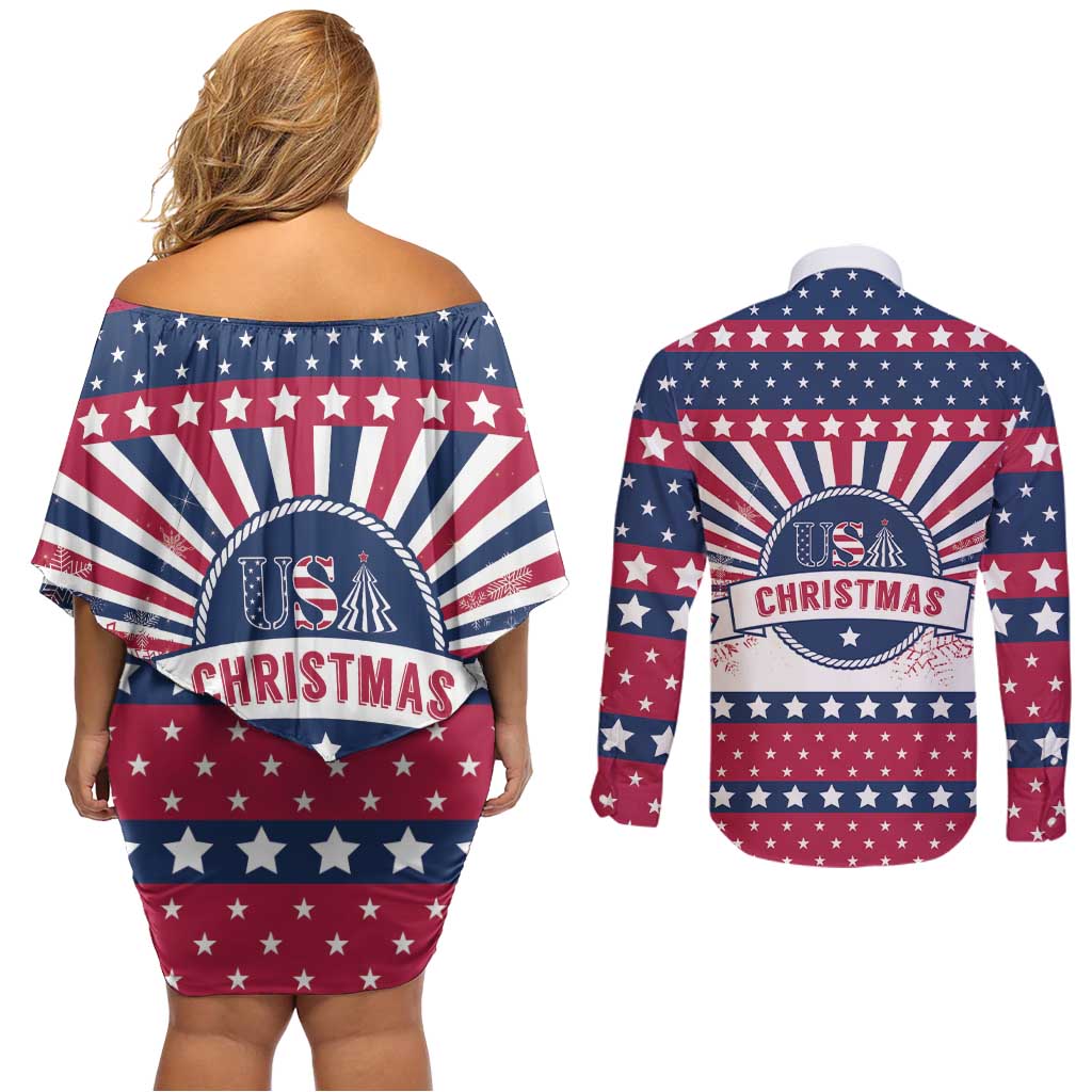 USA Christmas Couples Matching Off Shoulder Short Dress and Long Sleeve Button Shirt The Stars and Stripes Xmas Style - Wonder Print Shop