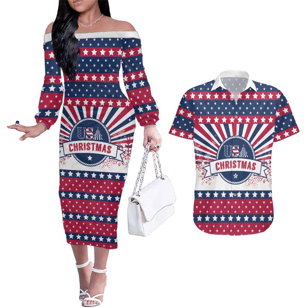 USA Christmas Couples Matching Off The Shoulder Long Sleeve Dress and Hawaiian Shirt The Stars and Stripes Xmas Style - Wonder Print Shop