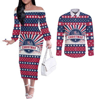 USA Christmas Couples Matching Off The Shoulder Long Sleeve Dress and Long Sleeve Button Shirt The Stars and Stripes Xmas Style