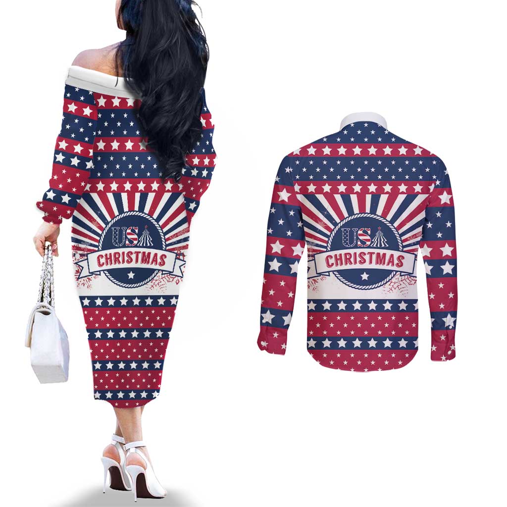 USA Christmas Couples Matching Off The Shoulder Long Sleeve Dress and Long Sleeve Button Shirt The Stars and Stripes Xmas Style