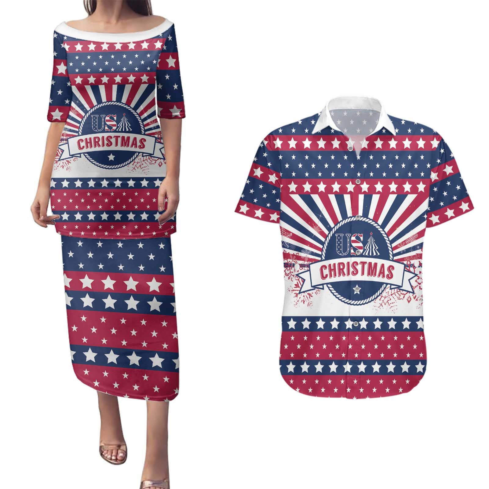 USA Christmas Couples Matching Puletasi and Hawaiian Shirt The Stars and Stripes Xmas Style - Wonder Print Shop