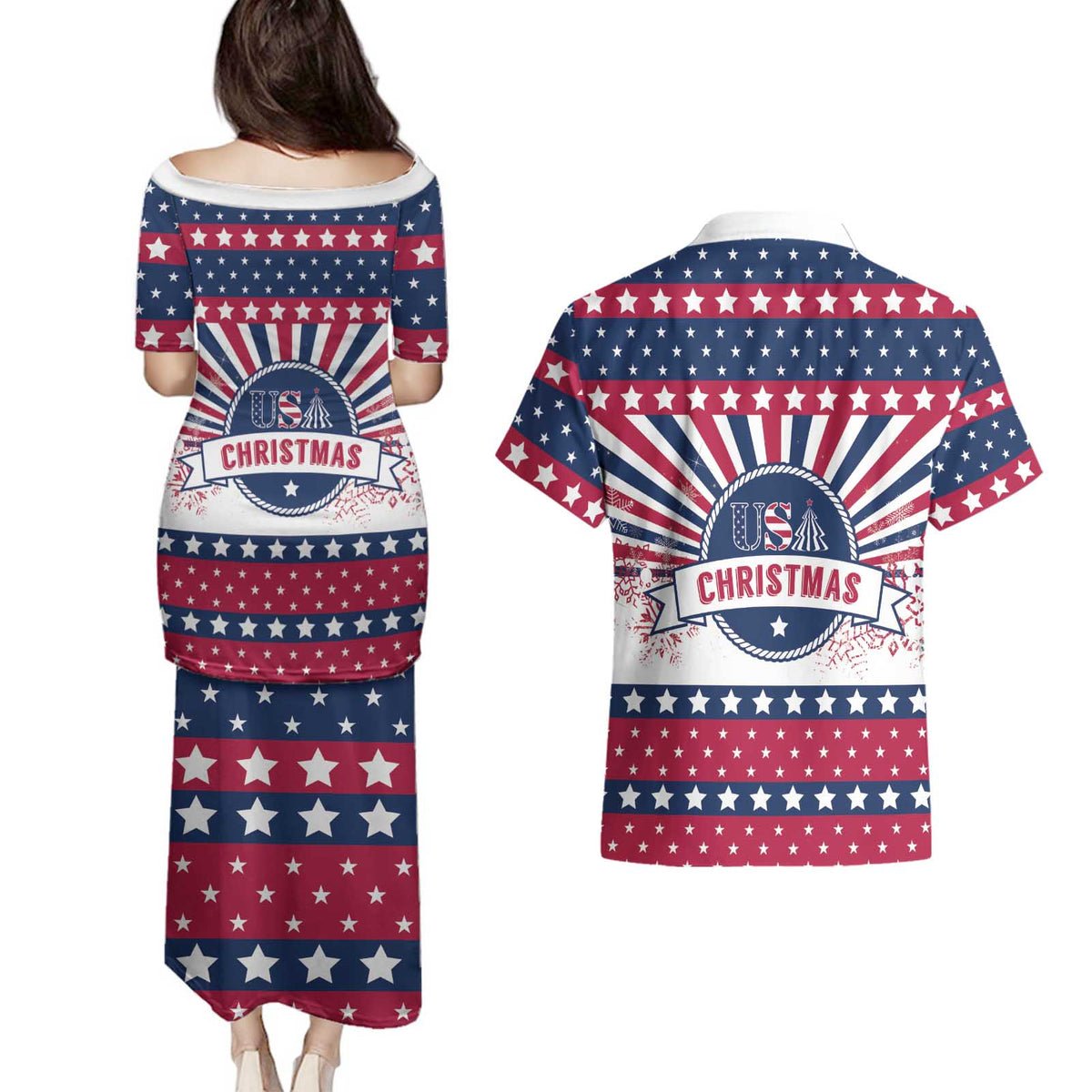 USA Christmas Couples Matching Puletasi and Hawaiian Shirt The Stars and Stripes Xmas Style - Wonder Print Shop